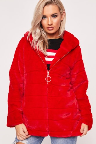 Felicia Red Hooded Faux Fur Coat