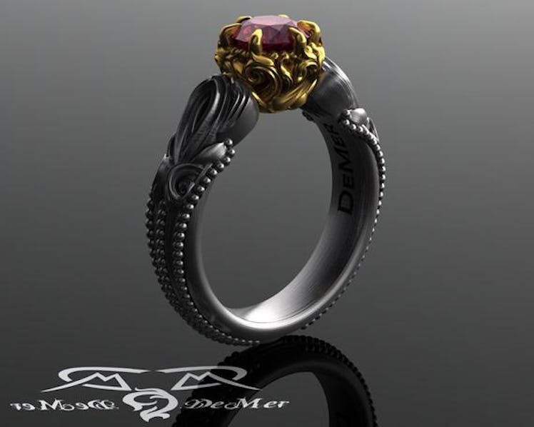 Garnet Engagement Ring In Two-Tone Antiqued Black White and European Yellow Gold. 