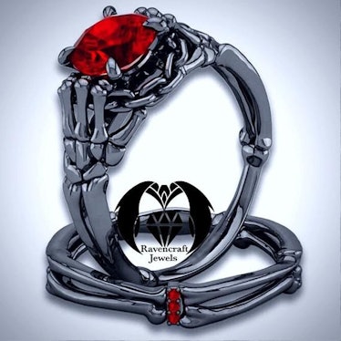 Black Gold Skeleton Ruby Engagement Ring Set
