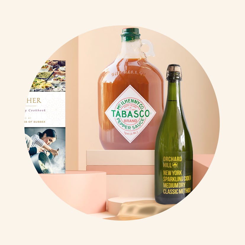 A collage with cookbook, a bottle of sparkling cider and a bottle of Tabasco sauce