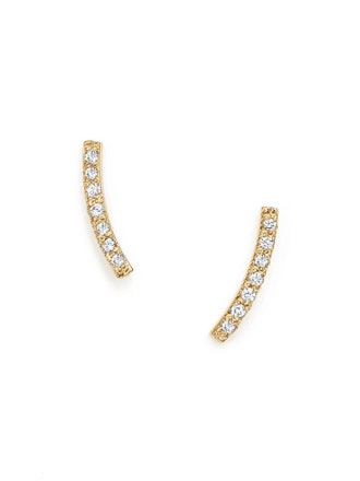14k Yellow Gold Small Curved Bar Stud Earrings With Pavé Diamonds