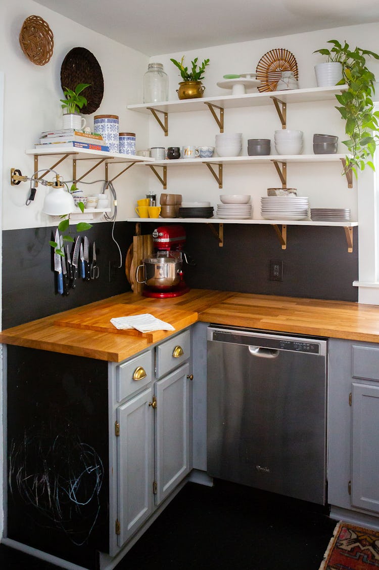 Emily Farris's open kitchen shelving in the Boozy Bungalow