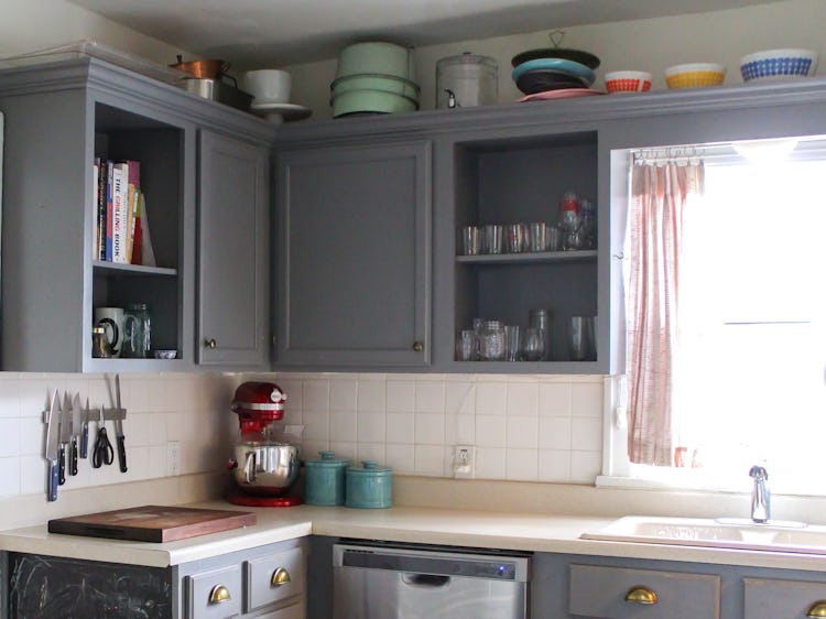 Emily Farris's open kitchen shelving in the Boozy Bungalow pre-renovation
