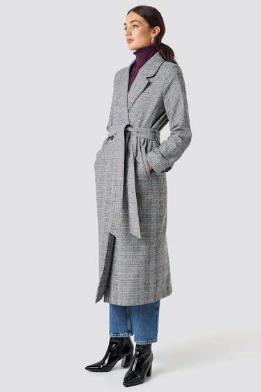  Double Breasted Plaid Coat Grey