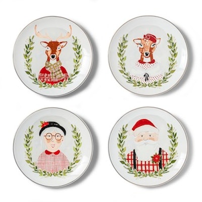 Threshold Deer & Santa Claus Appetizer Plates, Set of 4