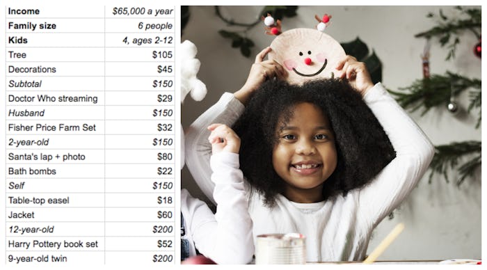 A two-part collage with a list of what a family of 6 is spending on Christmas and a little girl smil...
