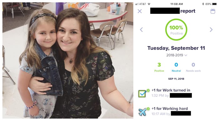 Collage of mother and daughter posing for a photo and a student school tracking app screenshot