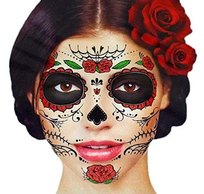 Glitter Red Roses Day of the Dead Sugar Skull Temporary Face Tattoo Kit