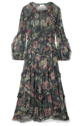 Iris Ruffled Floral-Print Silk-Crepon Midi Dress