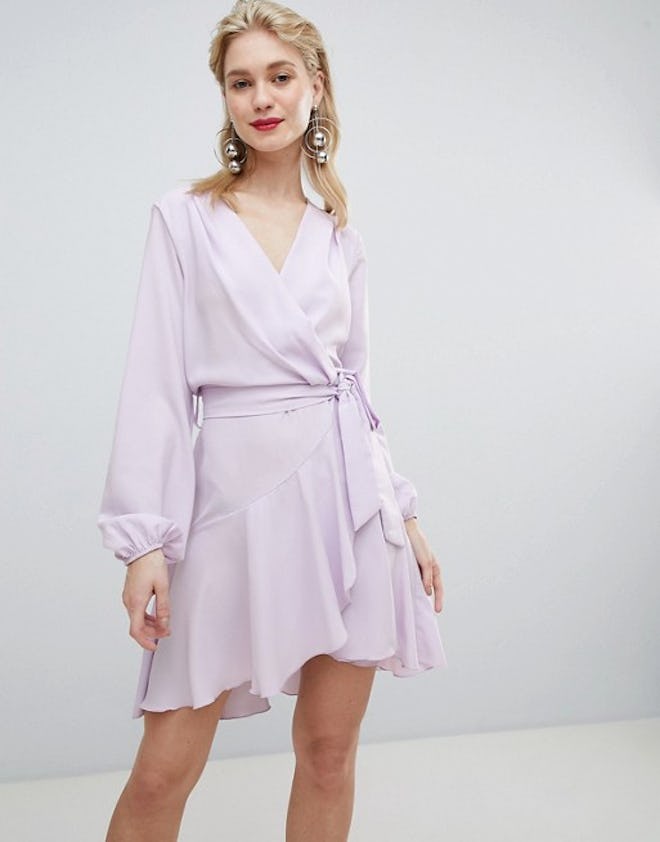Flounce London wrap front mini dress in lilac
