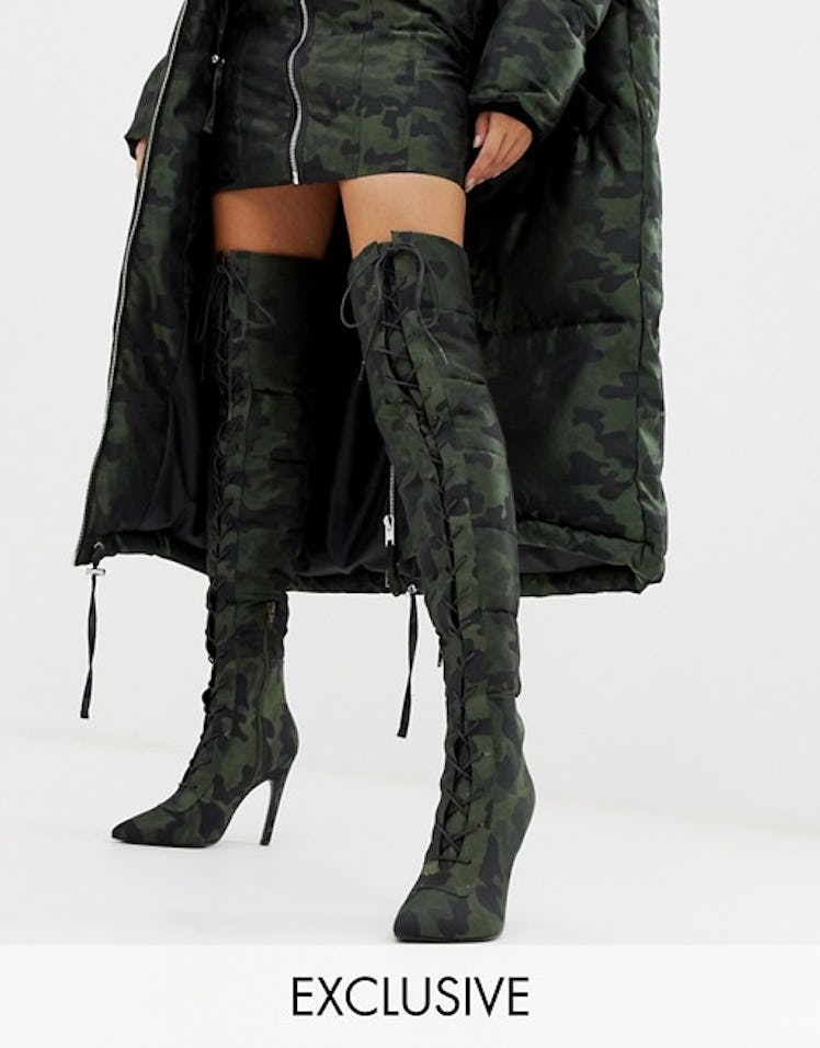 ASOS DESIGN x LaQuan Smith padded over the knee heeled boot in camo jacquard