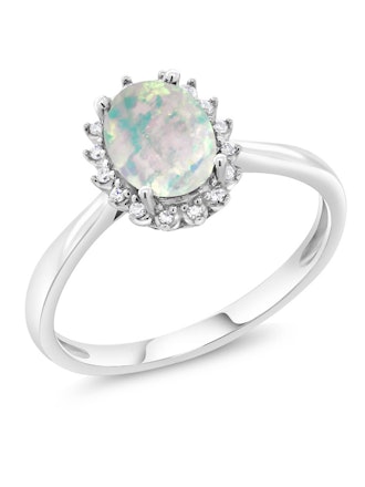 10K White Gold 1.05 Ct Oval White Simulated Opal Engagement Ring with Diamonds