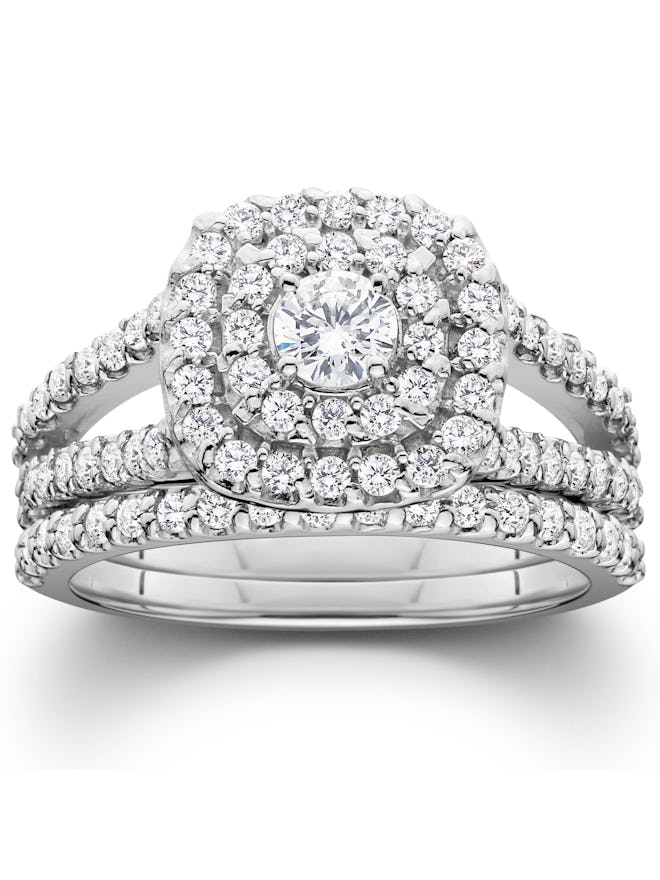 Pompeii3 1 1/10ct Cushion Halo Solitaire Diamond Engagement Wedding Ring Set White Gold