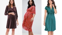Collage of three female models posing in black, red, and green cute maternity dresses for holiday pa...