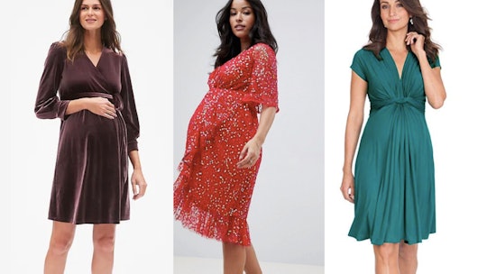 Collage of three female models posing in black, red, and green cute maternity dresses for holiday pa...