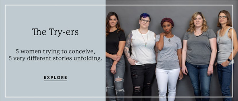 Five ladies posing for a photo and "the try-ers" text sign