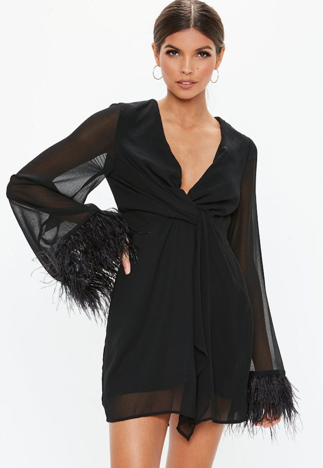 Sheer Feather Trim Shift Dress