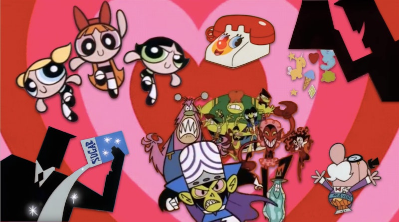 A mashup of the powerpuff girls intro and reoccurring characters in front of a heart background