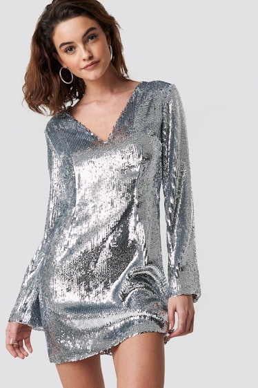 Long Sleeve Sequin Dress Silver Emilie Briting x NA-KD