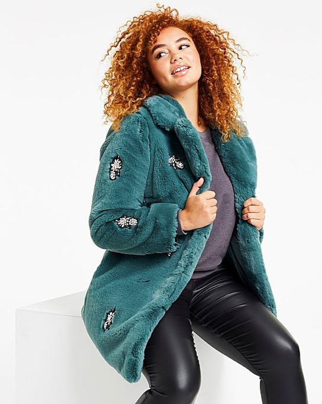 Jewel Trim Fur Coat
