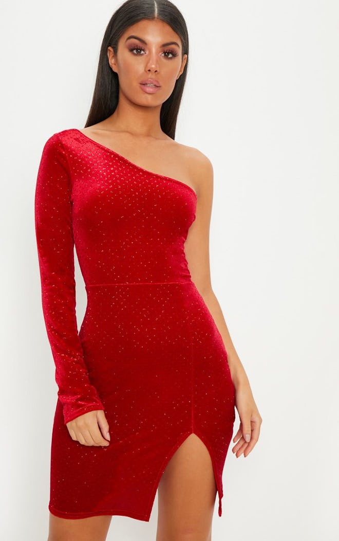 Red Velvet Glitter One Shoulder Long Sleeve Mini Dress