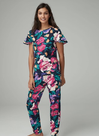 Black Floral Cotton Blend Pyjamas With Ribbon Wrapping