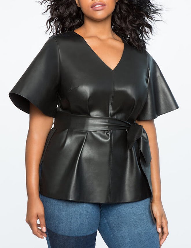 Flare Sleeve Tie Waist Faux Leather Top