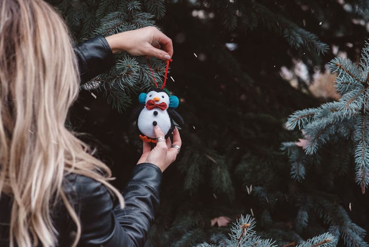 Young woman holding an ornament while Christmas tree shopping on a farm, in need of captions, quotes...