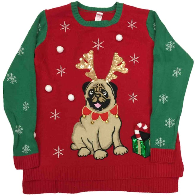 Womens Pug With Antlers Knit Sweater