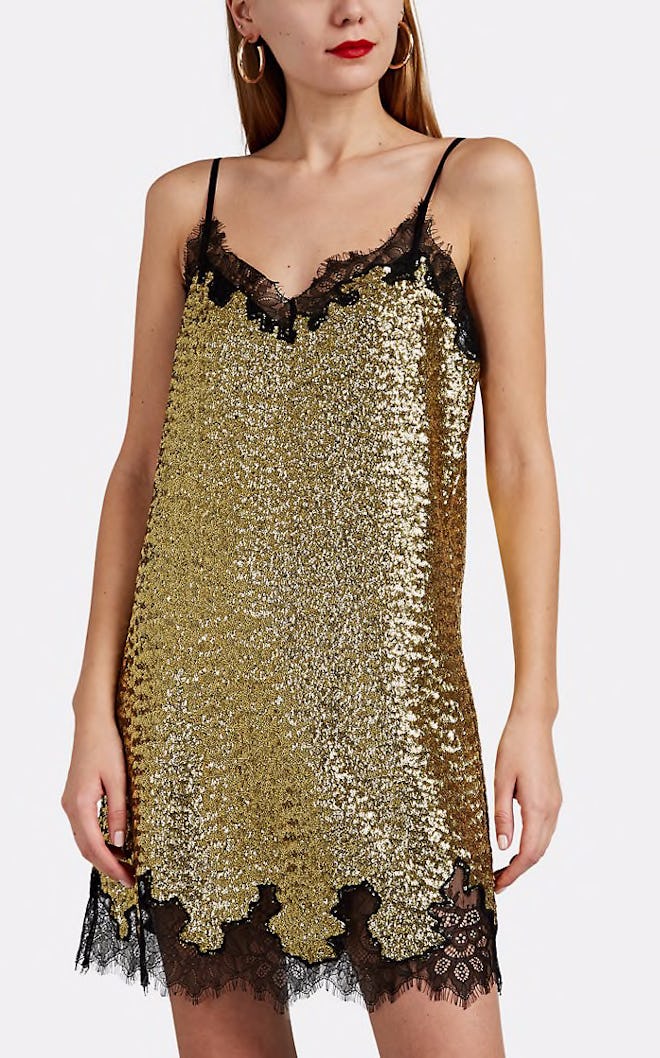 Lace-Trimmed Sequined Slip Dress 