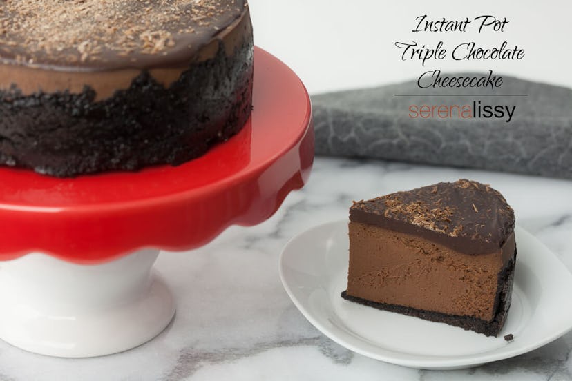 triple chocolate cheesecake recipe you can make in an Instant Pot for Thanksgiving dessert