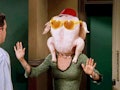Monica (Courteney Cox) dances with a turkey on her head for Chandler (Matthew Perry) in Season 5 of ...