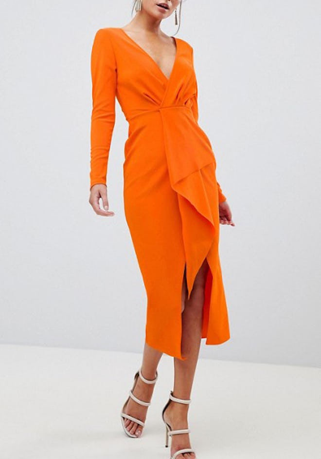 Long Sleeve Waterfall Deep Plunge Midi Dress