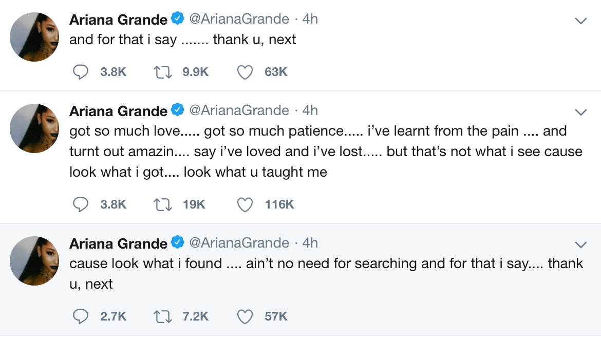 Ariana Grandes Thank U Next Tweets Have Fans Thinking