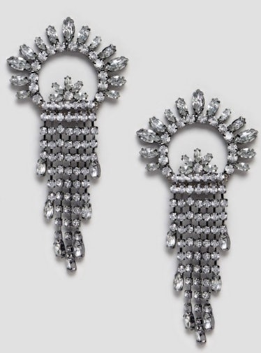 ASOS DESIGN Earrings With Crystal Fan And Strand Design in Gunmetal