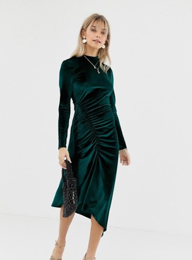 Reclaimed Vintage Inspired Midi Velvet Dress With Ruched Hem