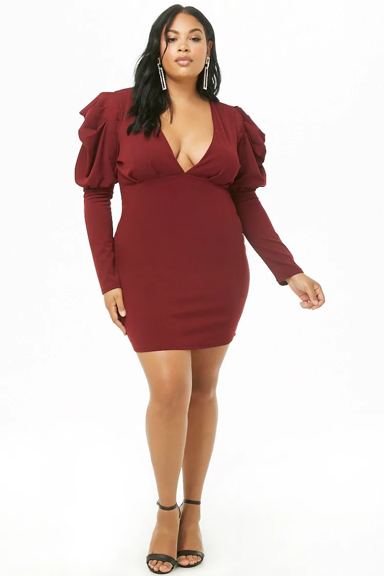 Plus Size Pleated-Sleeve Mini Dress