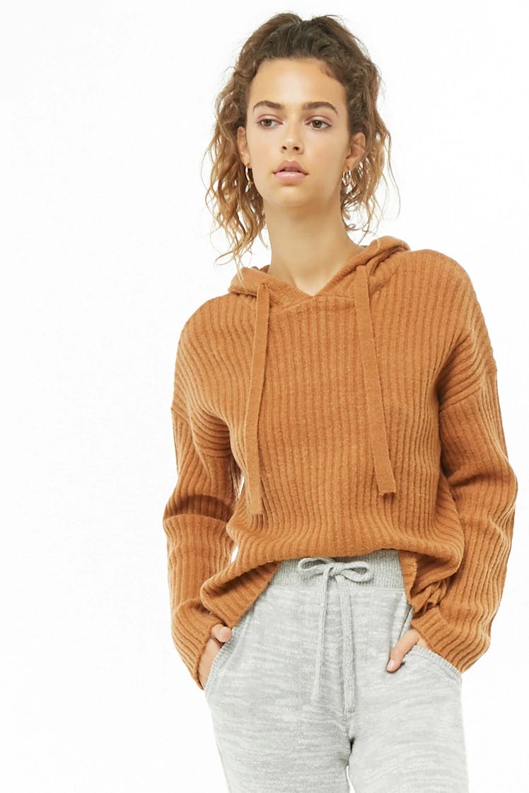 Hooded Ribbed Knit Sweater