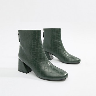 Flared Ankle Boot in Green Croc