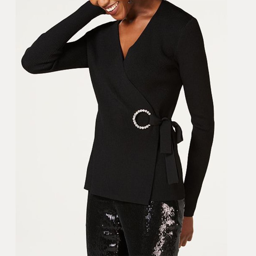 Embellished-Grommet Wrap Sweater