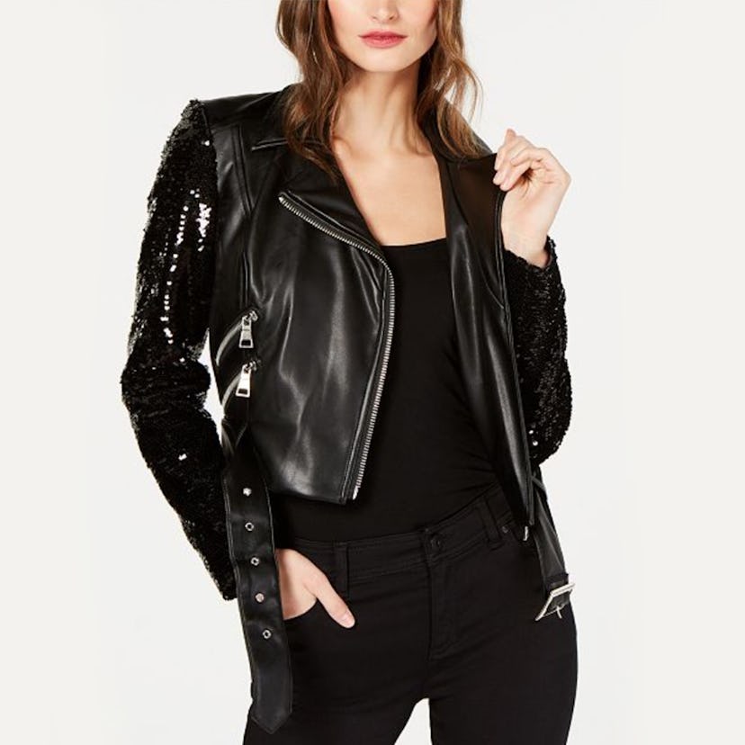 Sequined Faux-Leather Moto Jacket