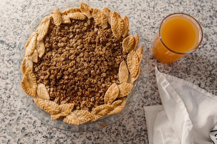 Black Bottom Oatmeal Pie served with a glass of juice for Thanksgiving