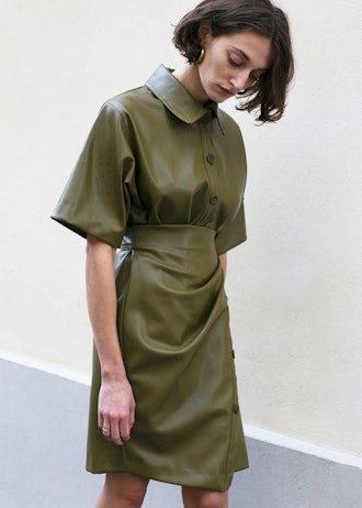 Khaki Green Leather Wrap Dress