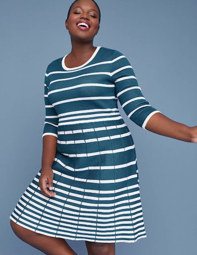 3/4 Sleeve Striped Fit & Flare Sweater Dress
