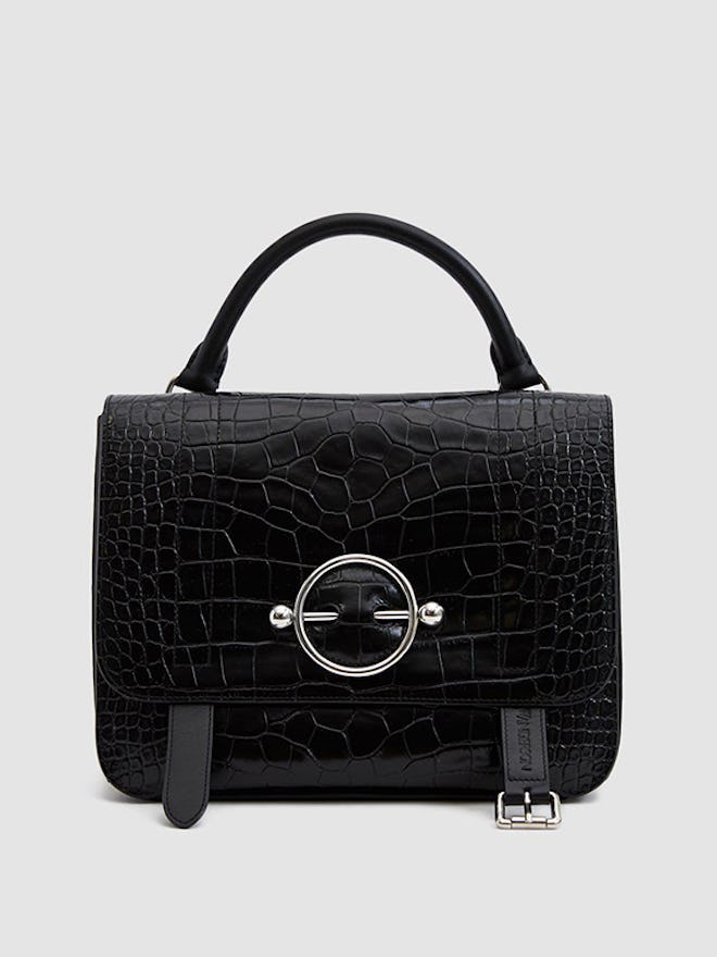 Disc Croc-Embossed Satchel in Black