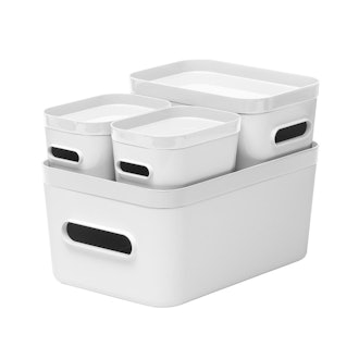 White Compact Plastic Bins 4-Pack with White Lids