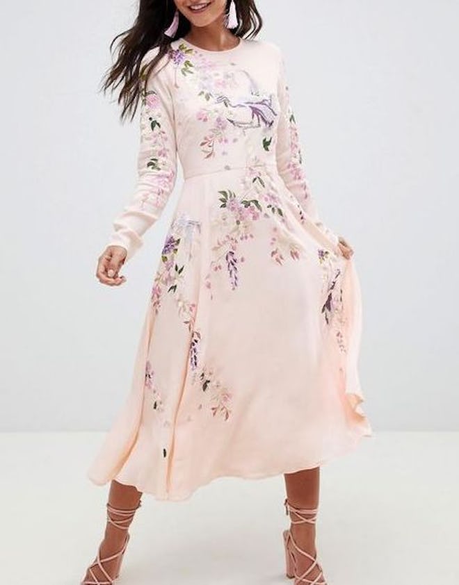 Midi Dress With Pretty Floral And Bird Embroidery
