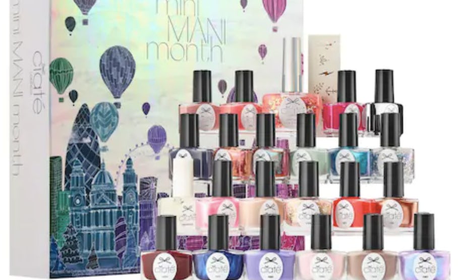 Beauty Advent calendar next to a lot of beauty product bottles
