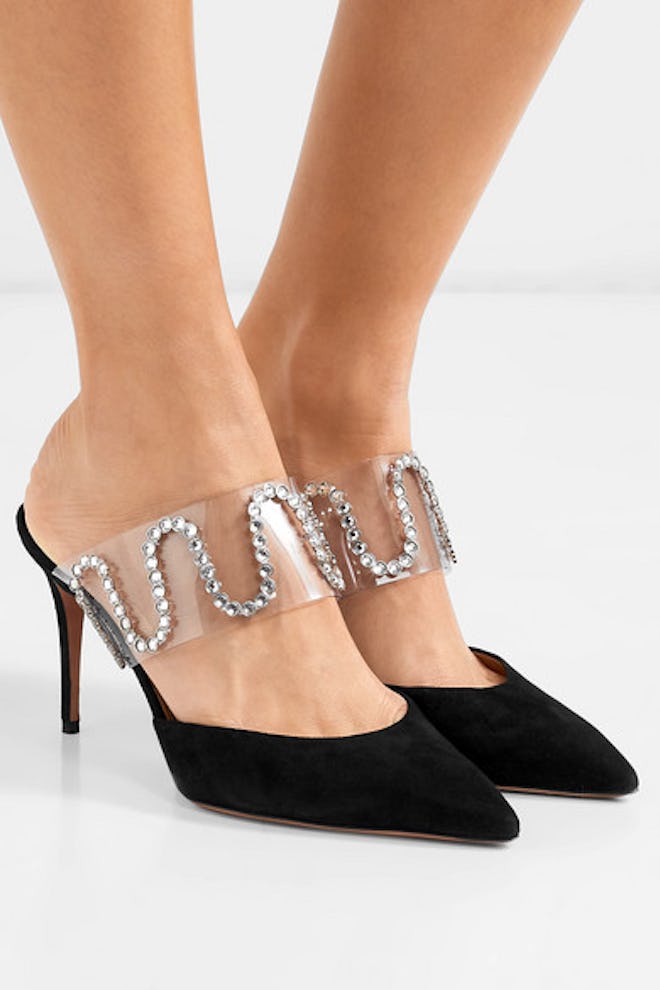 Aquazzura + Sabine Getty So Sabine crystal-embellished suede and PVC mules