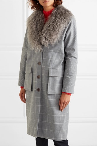 Shearling-Trimmed Checked Woven Coat